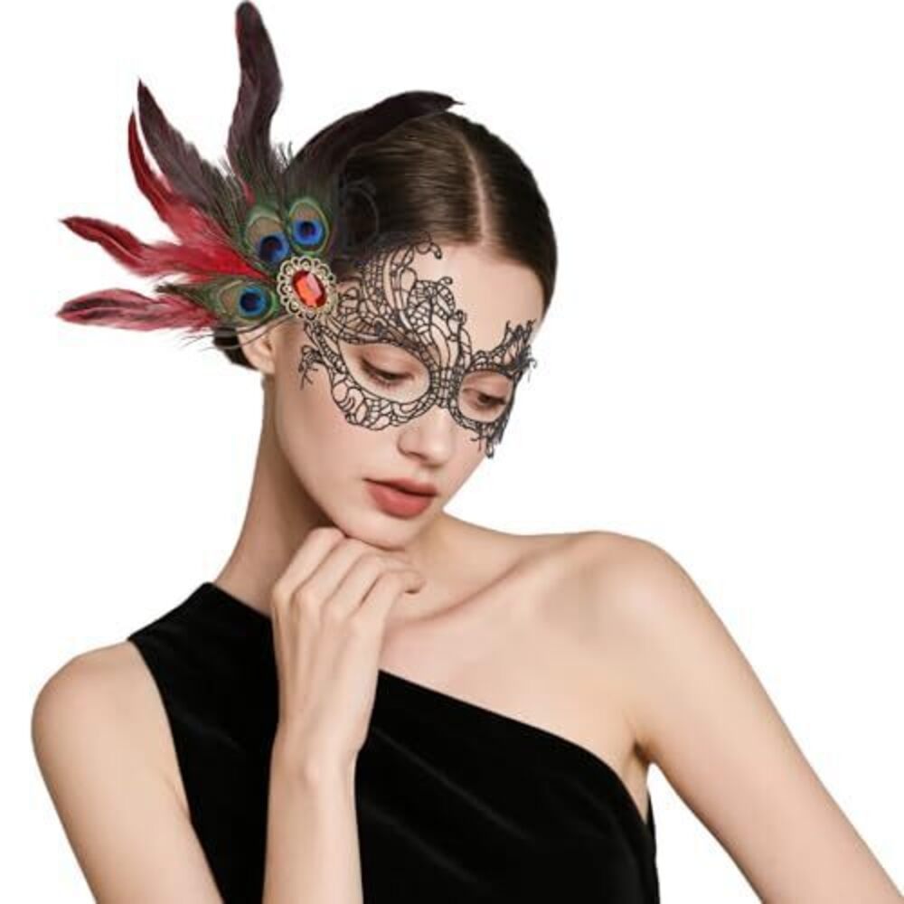8210 Lace Masquerade Masks Peacock Feather MaskRed